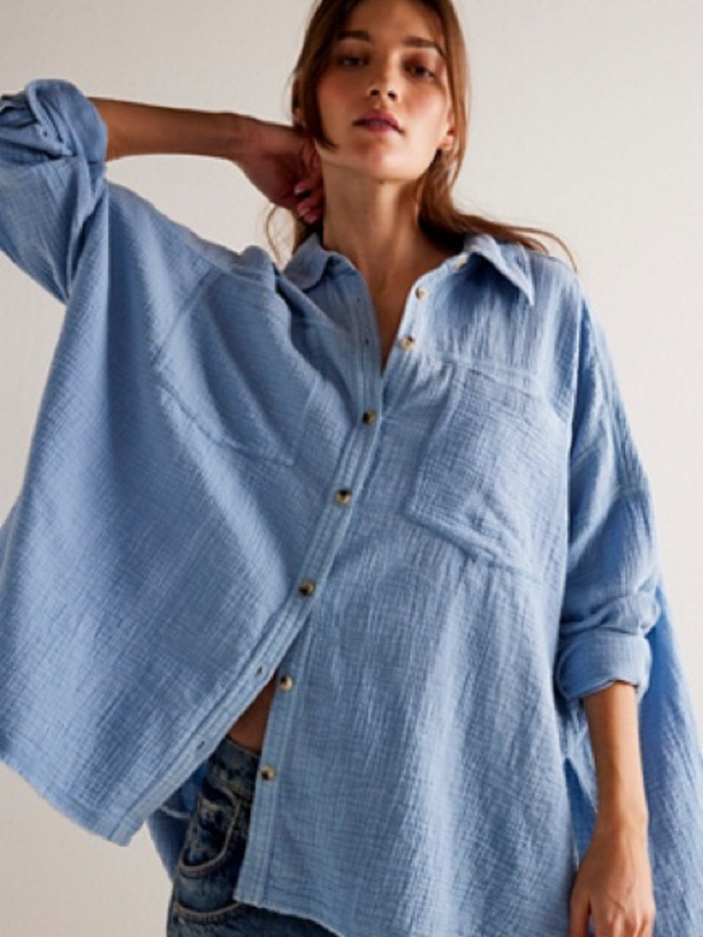 Free People Light Blue Womens Oversized Button-Front Shirt